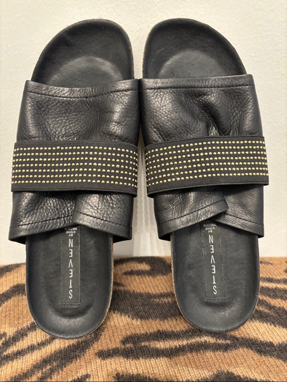 Steve Madden Black Slide Sandals with Gold Studded Strap